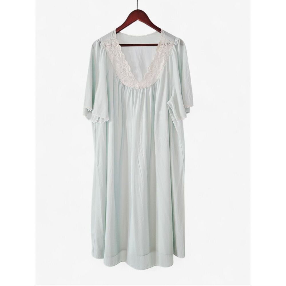 Vintage Shadowline Silk Essence Nylon Sheer Baby Blue Lace Applique Nightgown 3X